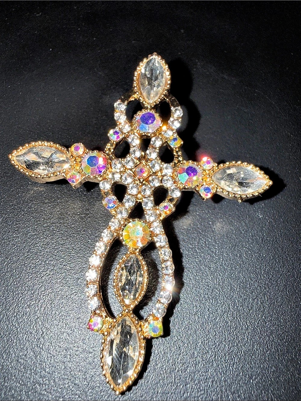 Crystal Cross Brooch in Gold & Clear